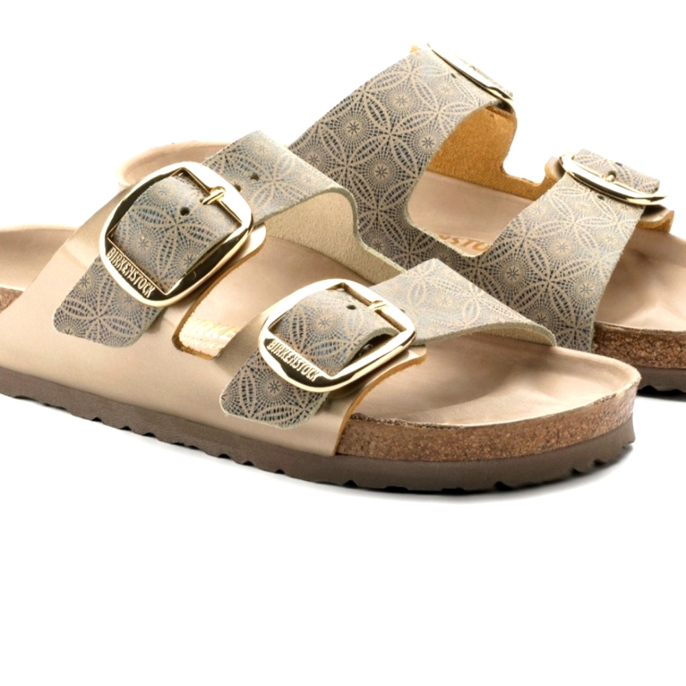 Arizona Big Buckle Leather Ceramic Pattern Blue Sandals
